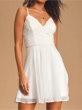 Lulus sweet emotions white crochet lace mini skater dress size medium